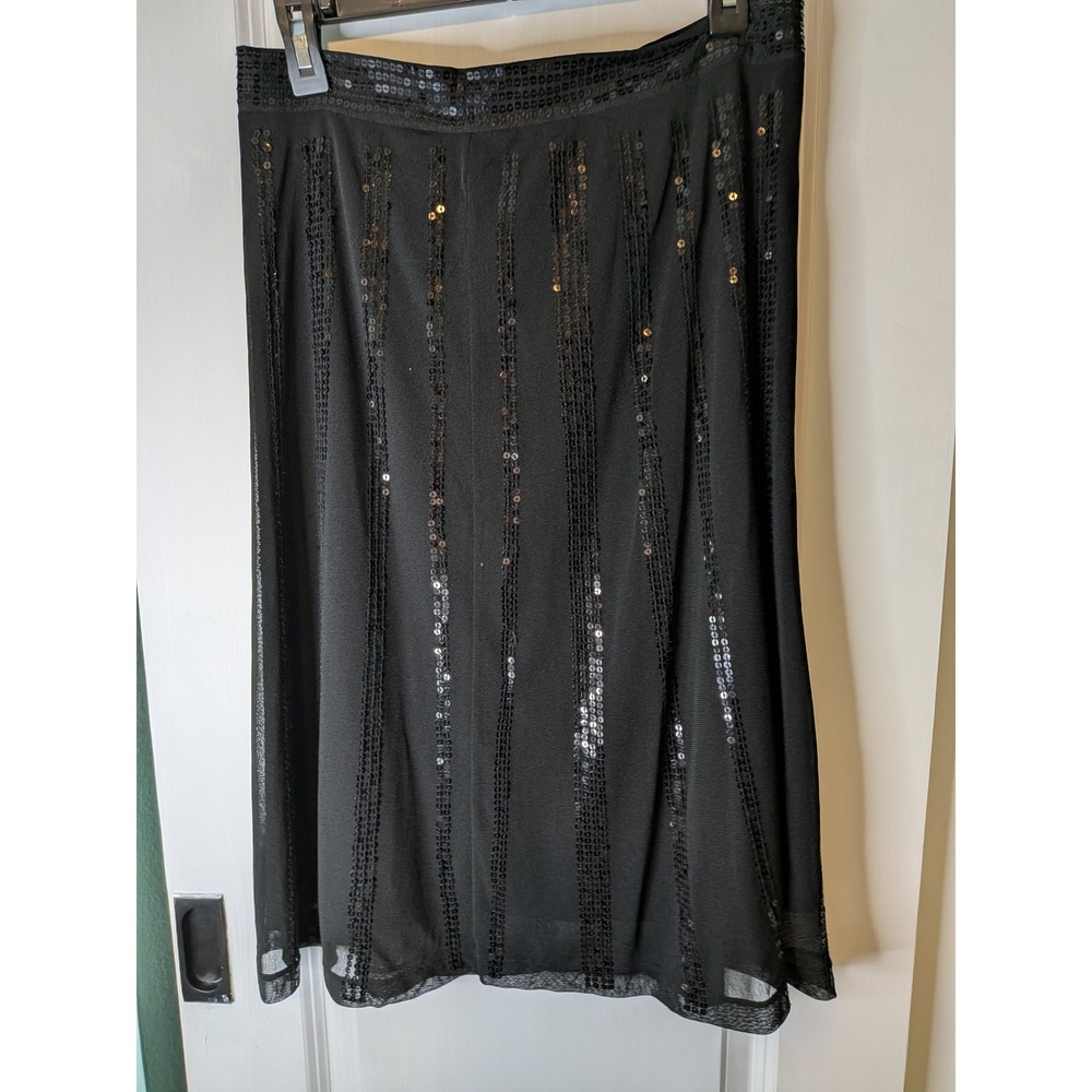 Black Sequin Striped Midi Skirt Mesh Overlay Evening Glam Party Wear
